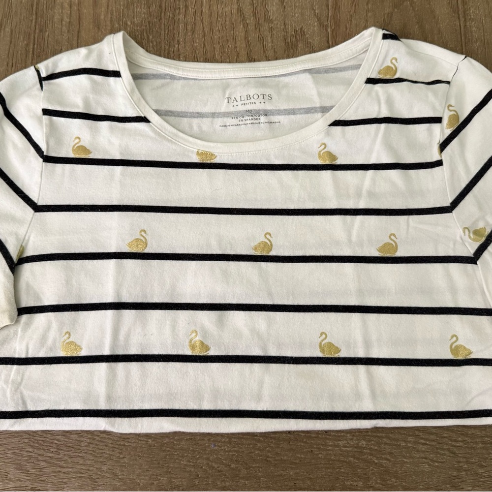 Talbots Cream and Black Striped Top with Gold Swan Details